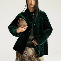 BOTANICAL COAT IN QUILTED VELVET - BOTTLE GREEN