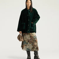 BOTANICAL COAT IN QUILTED VELVET - BOTTLE GREEN