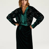 BODIAM DRESS IN EMBROIDERED VELVET - BOTTLE GREEN