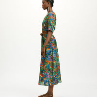 CARNAVAL DRESS IN PRINTED HABUTAI SILK - MULTICOLOR BLUE
