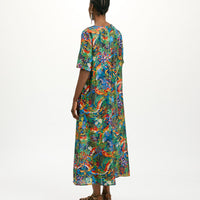 CARNAVAL DRESS IN PRINTED HABUTAI SILK - MULTICOLOR BLUE