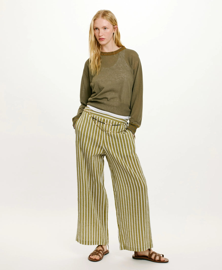 JUAN PANTS IN STRIPED COTTON AND SILK - CREAM/GREEN
