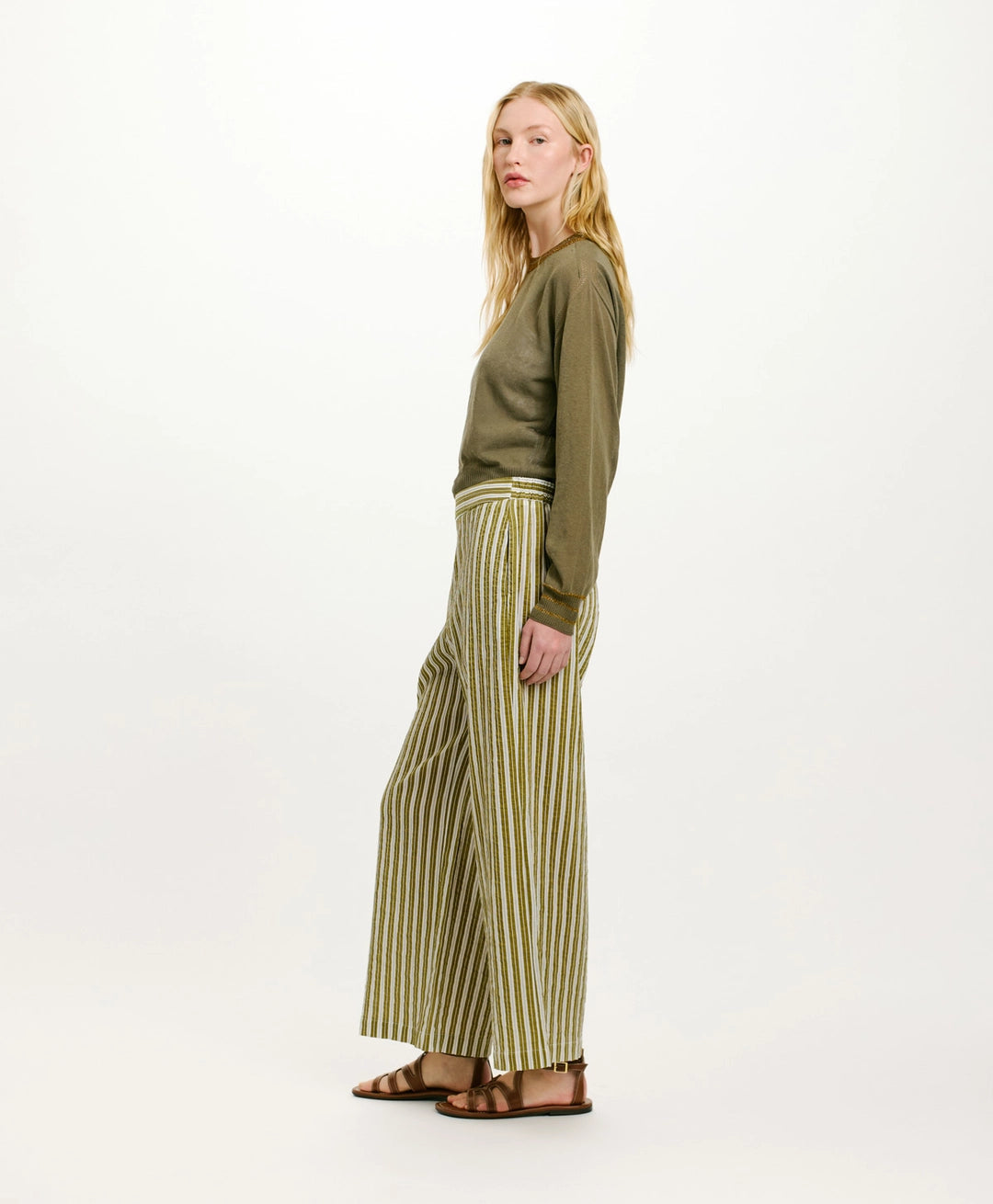JUAN PANTS IN STRIPED COTTON AND SILK - CREAM/GREEN