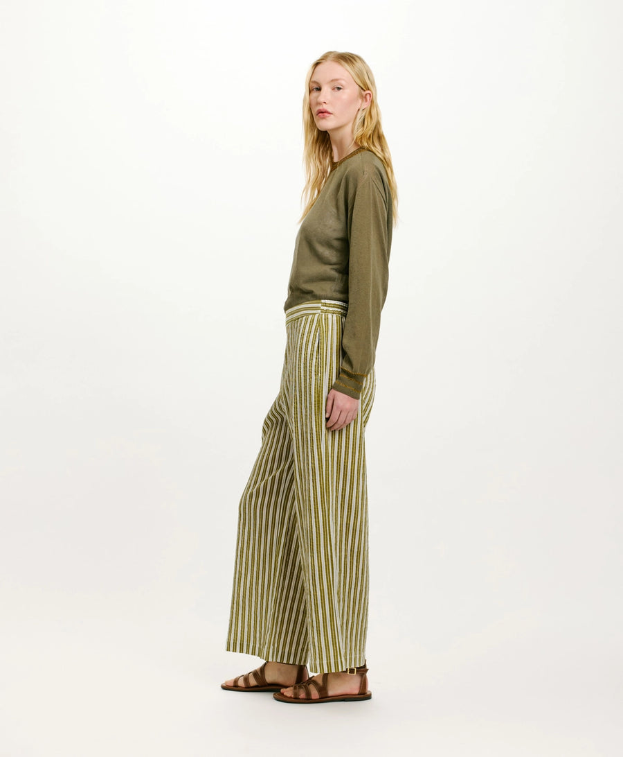 JUAN PANTS IN STRIPED COTTON AND SILK - CREAM/GREEN
