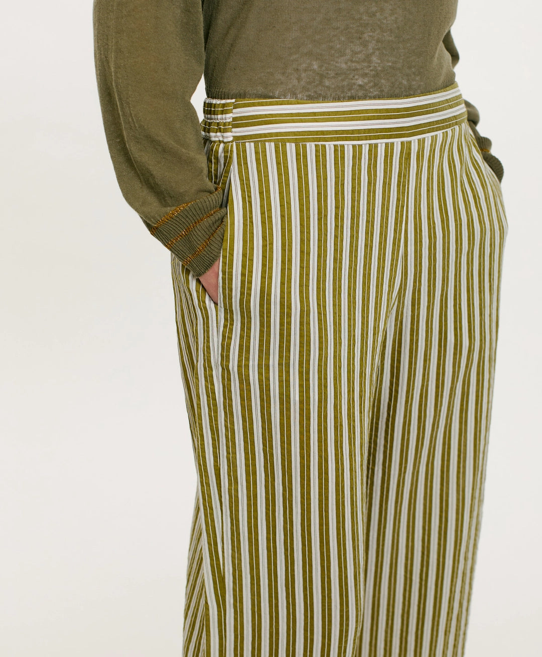 JUAN PANTS IN STRIPED COTTON AND SILK - CREAM/GREEN