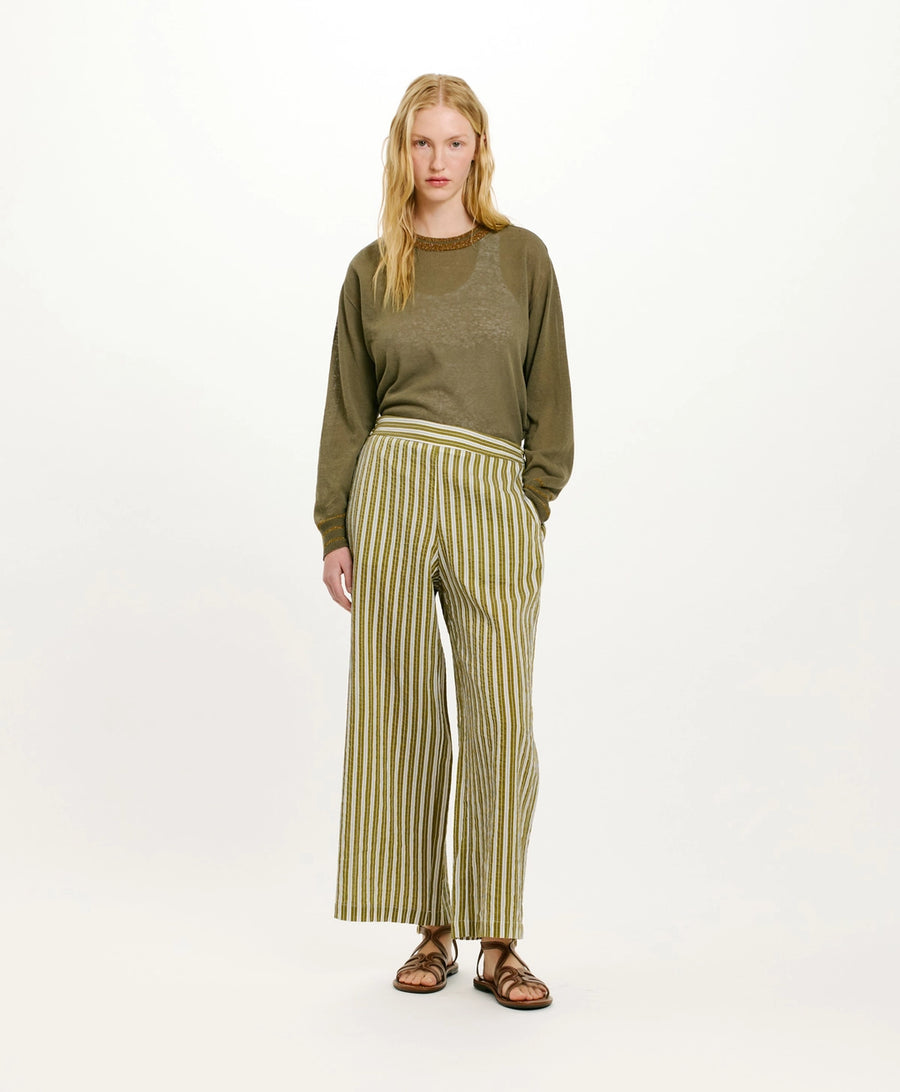 JUAN PANTS IN STRIPED COTTON AND SILK - CREAM/GREEN