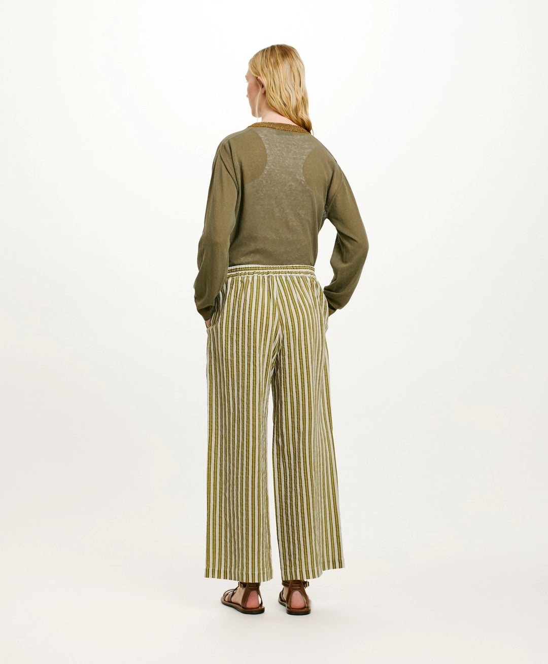 JUAN PANTS IN STRIPED COTTON AND SILK - CREAM/GREEN