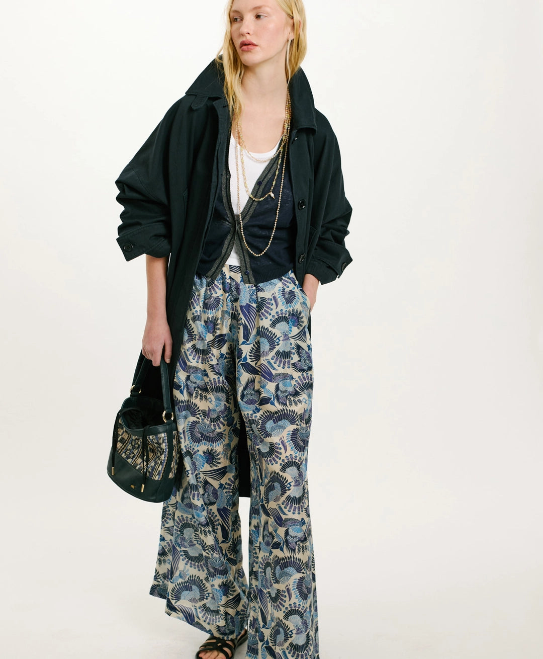 ASPEN PANTS IN PRINTED HABUTAI SILK - MULTICOLOR SKY BLUE