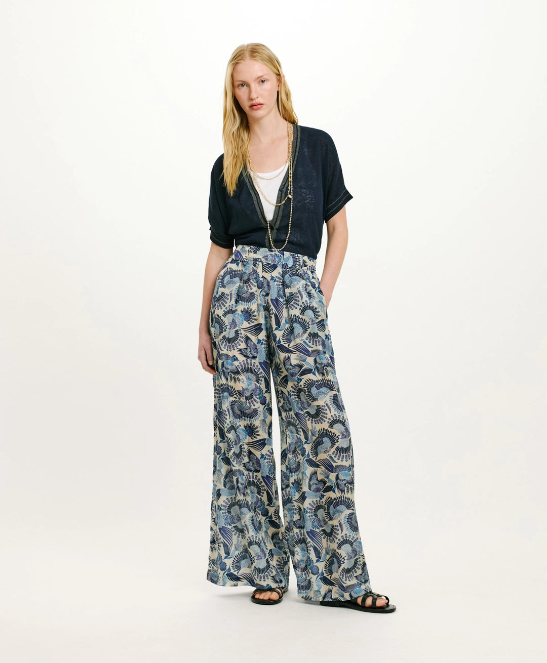 ASPEN PANTS IN PRINTED HABUTAI SILK - MULTICOLOR SKY BLUE