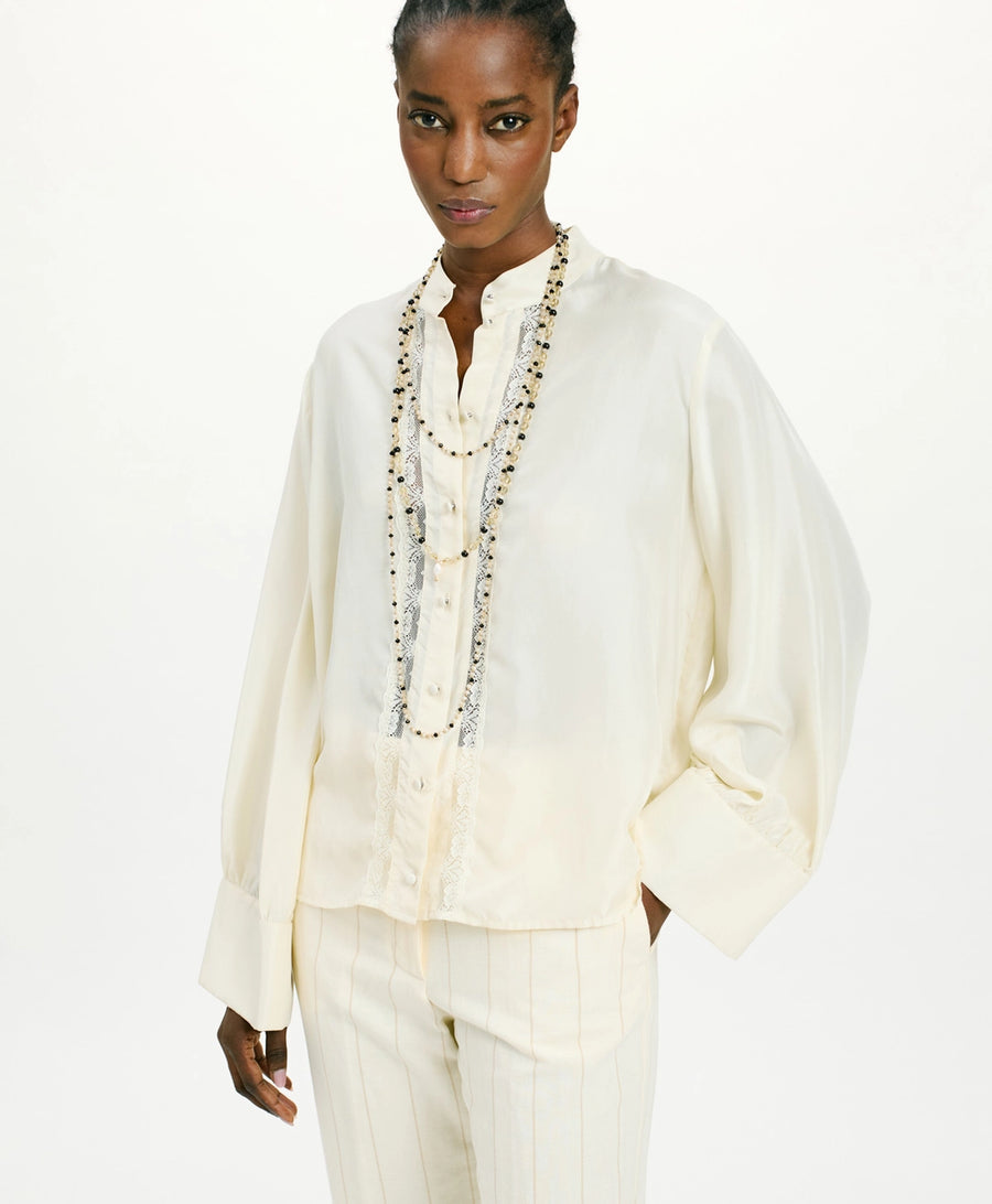 FRANKLIN SHIRT IN HABUTAI WITH VALENCIENNES - CREAM