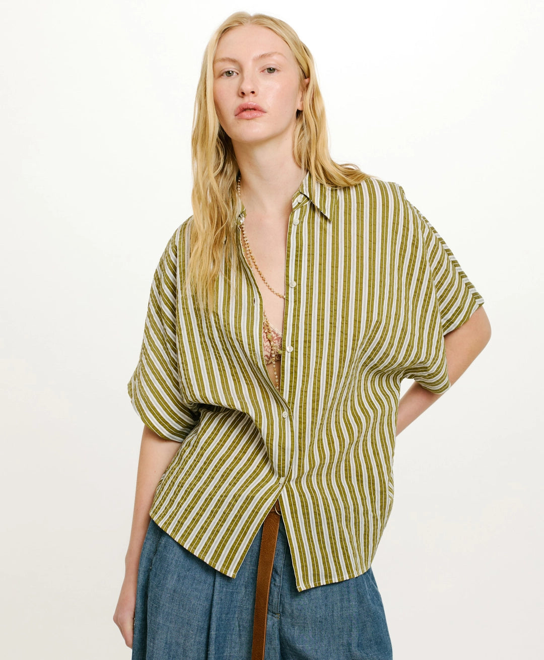 TAINA SHIRT IN STRIPED COTTON AND SILK - CREAM/GREEN