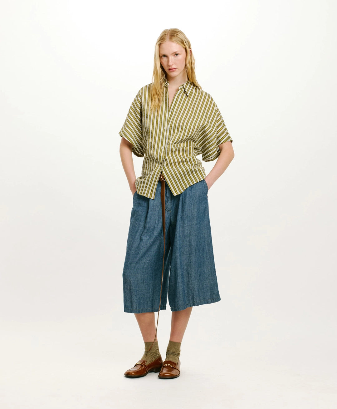 TAINA SHIRT IN STRIPED COTTON AND SILK - CREAM/GREEN