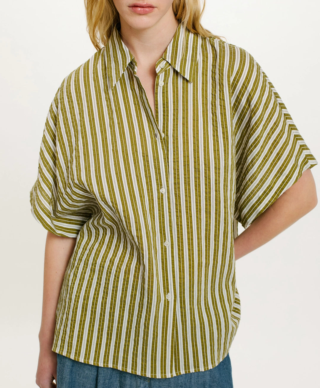 TAINA SHIRT IN STRIPED COTTON AND SILK - CREAM/GREEN