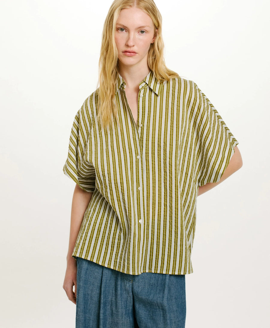 TAINA SHIRT IN STRIPED COTTON AND SILK - CREAM/GREEN