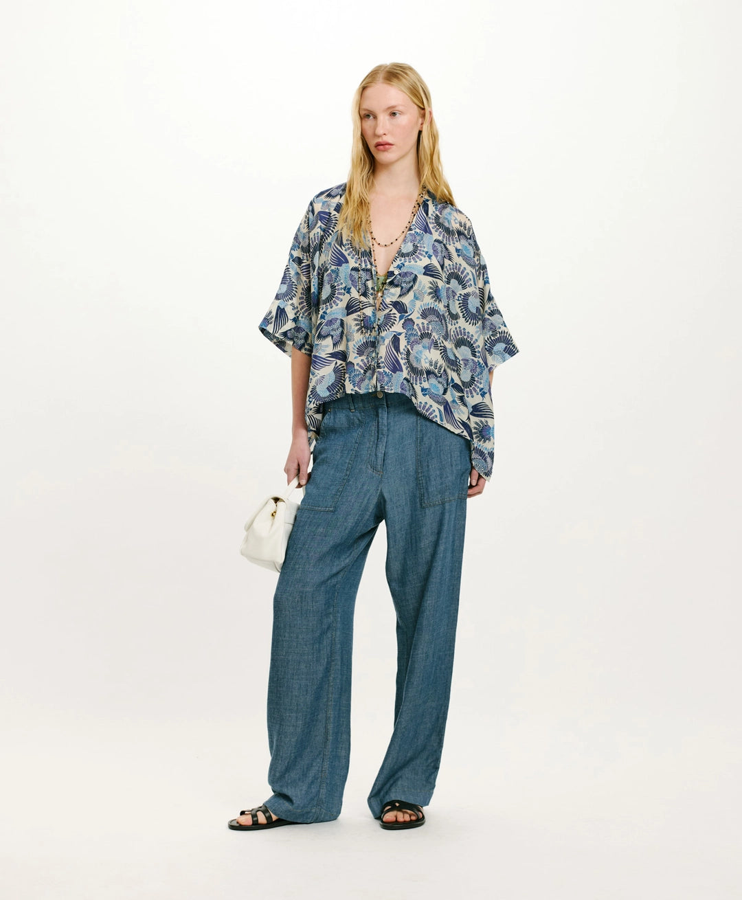 PAHA SHIRT IN PRINTED HABUTAI - MULTICOLOR SKY BLUE