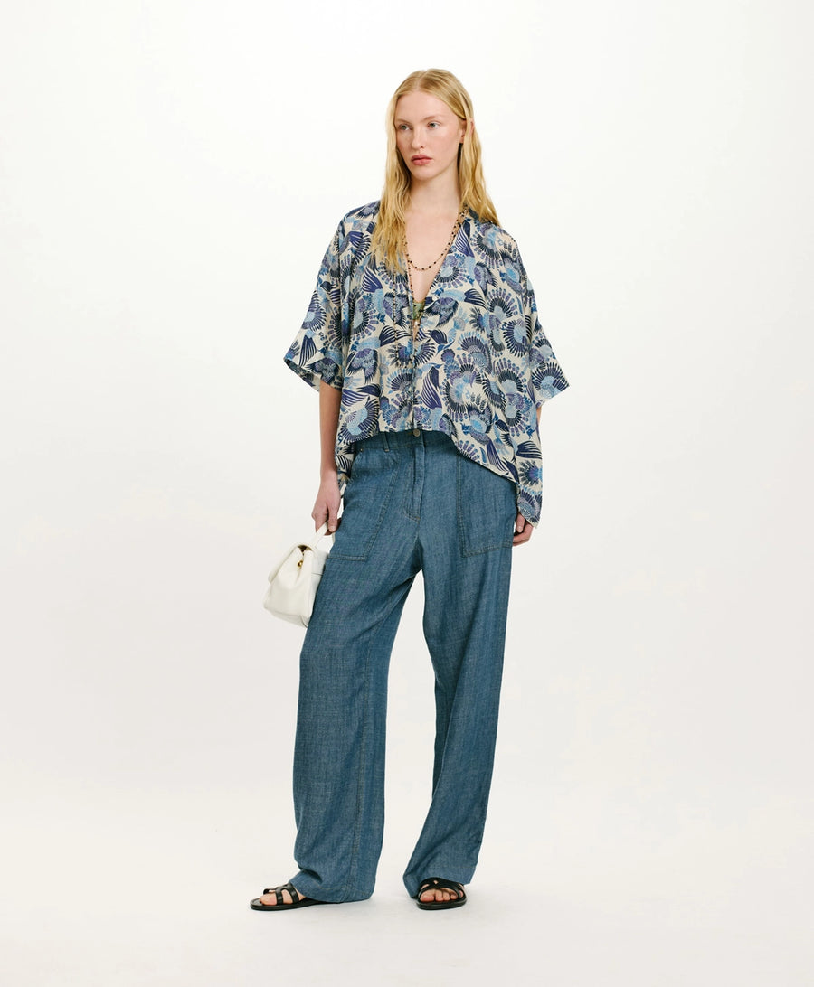 PAHA SHIRT IN PRINTED HABUTAI - MULTICOLOR SKY BLUE