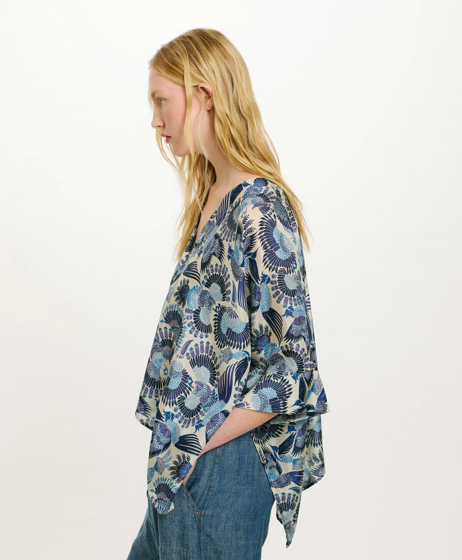 PAHA SHIRT IN PRINTED HABUTAI - MULTICOLOR SKY BLUE