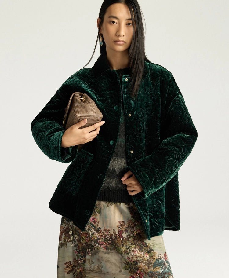 BOTANICAL COAT IN QUILTED VELVET - BOTTLE GREEN