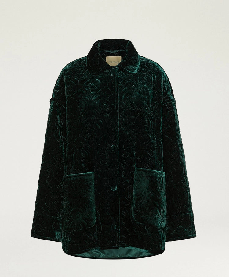 BOTANICAL COAT IN QUILTED VELVET - BOTTLE GREEN