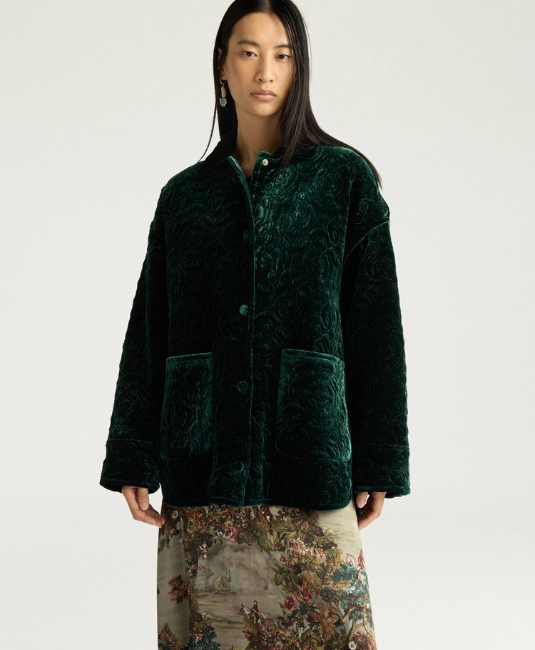 BOTANICAL COAT IN QUILTED VELVET - BOTTLE GREEN