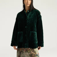 BOTANICAL COAT IN QUILTED VELVET - BOTTLE GREEN