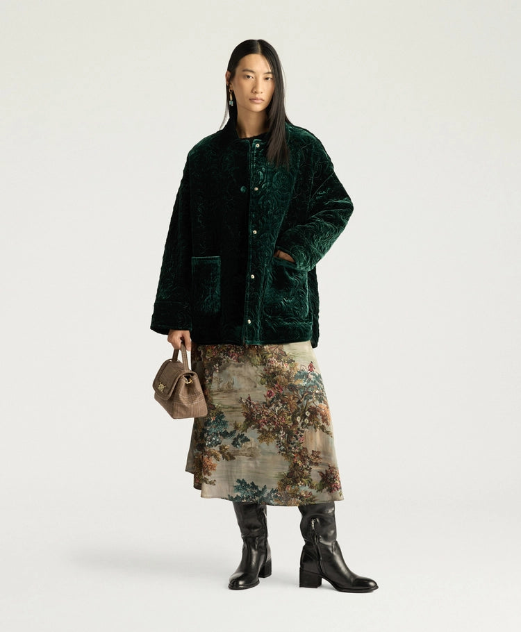 BOTANICAL COAT IN QUILTED VELVET - BOTTLE GREEN