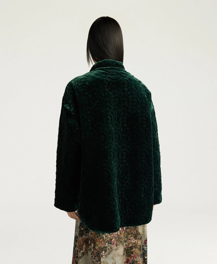 BOTANICAL COAT IN QUILTED VELVET - BOTTLE GREEN