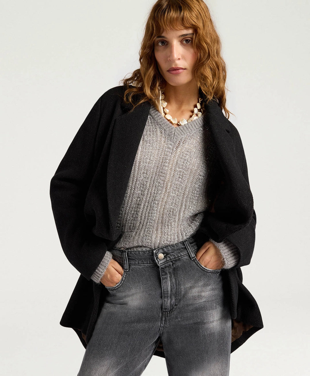 CARLO COAT IN CHEVRON WOOL - BLACK/COCOA