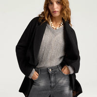 CARLO COAT IN CHEVRON WOOL - BLACK/COCOA