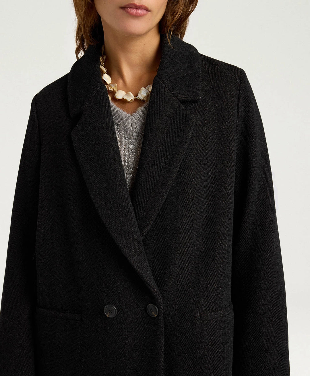 CARLO COAT IN CHEVRON WOOL - BLACK/COCOA