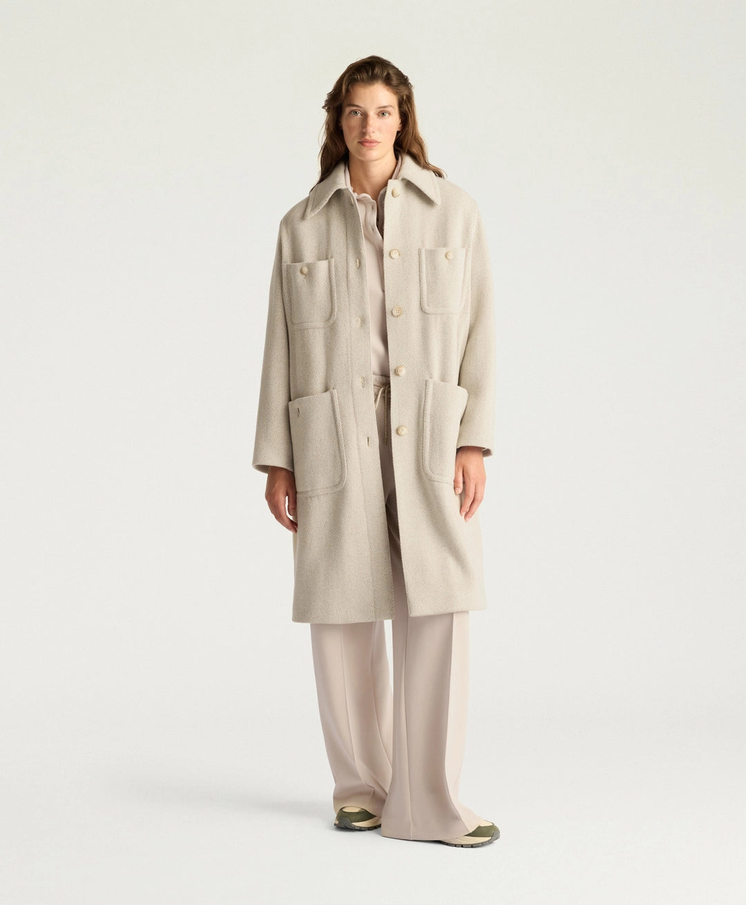 TRENT COAT IN CHEVRON WOOL - CREAM/BEIGE
