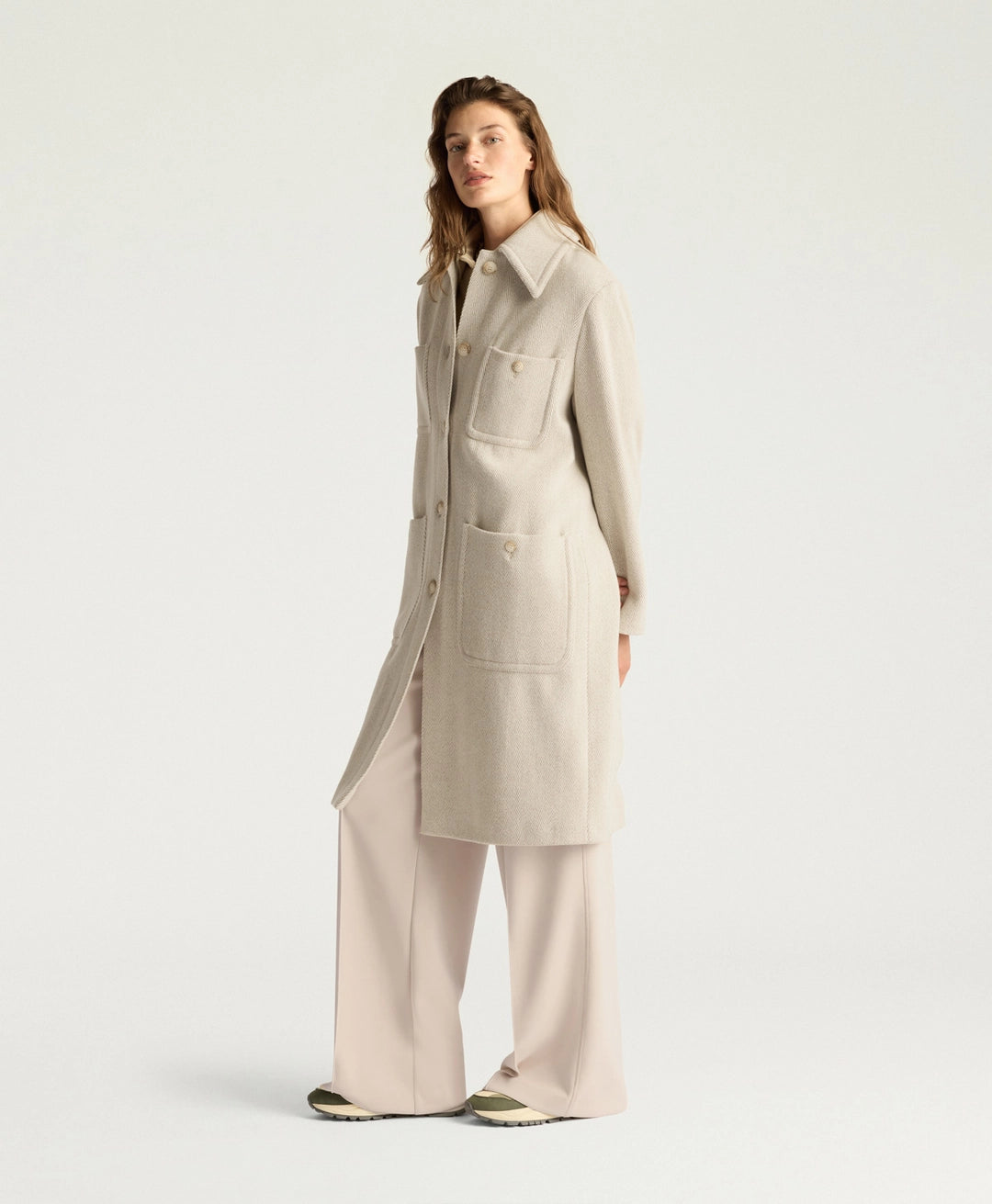 TRENT COAT IN CHEVRON WOOL - CREAM/BEIGE