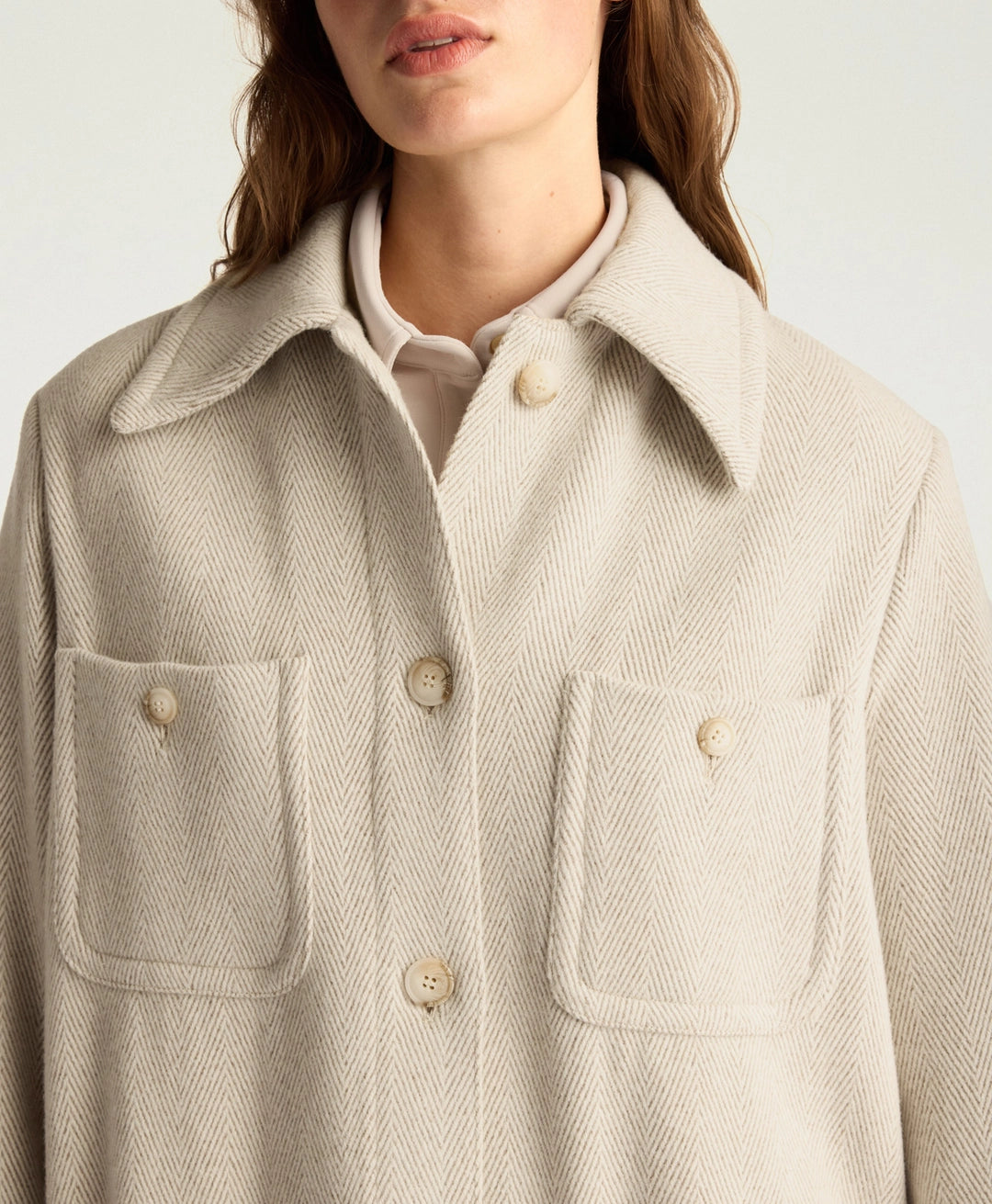 TRENT COAT IN CHEVRON WOOL - CREAM/BEIGE