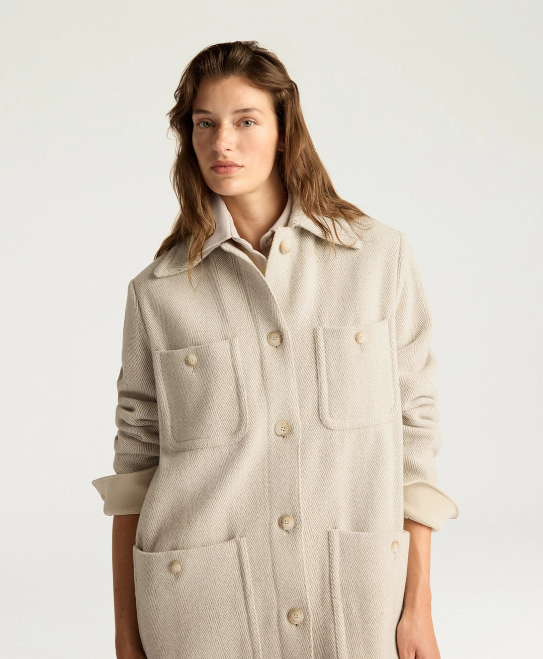 TRENT COAT IN CHEVRON WOOL - CREAM/BEIGE