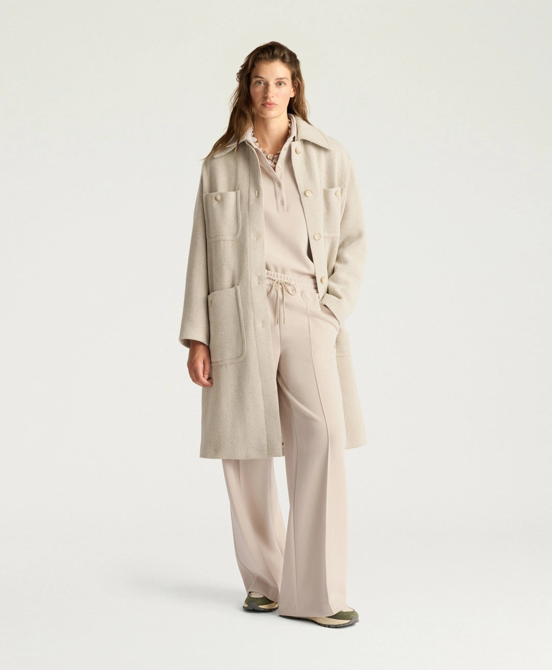 TRENT COAT IN CHEVRON WOOL - CREAM/BEIGE