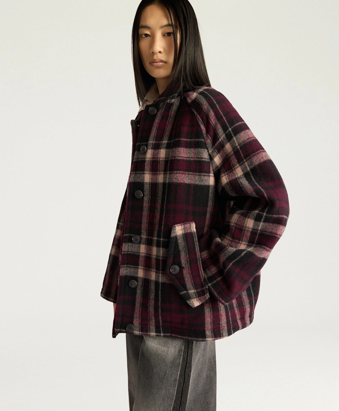 BRIGHTON COAT IN DOUBLE-FACE WOOL - BURGUNDY MULTICOLOR
