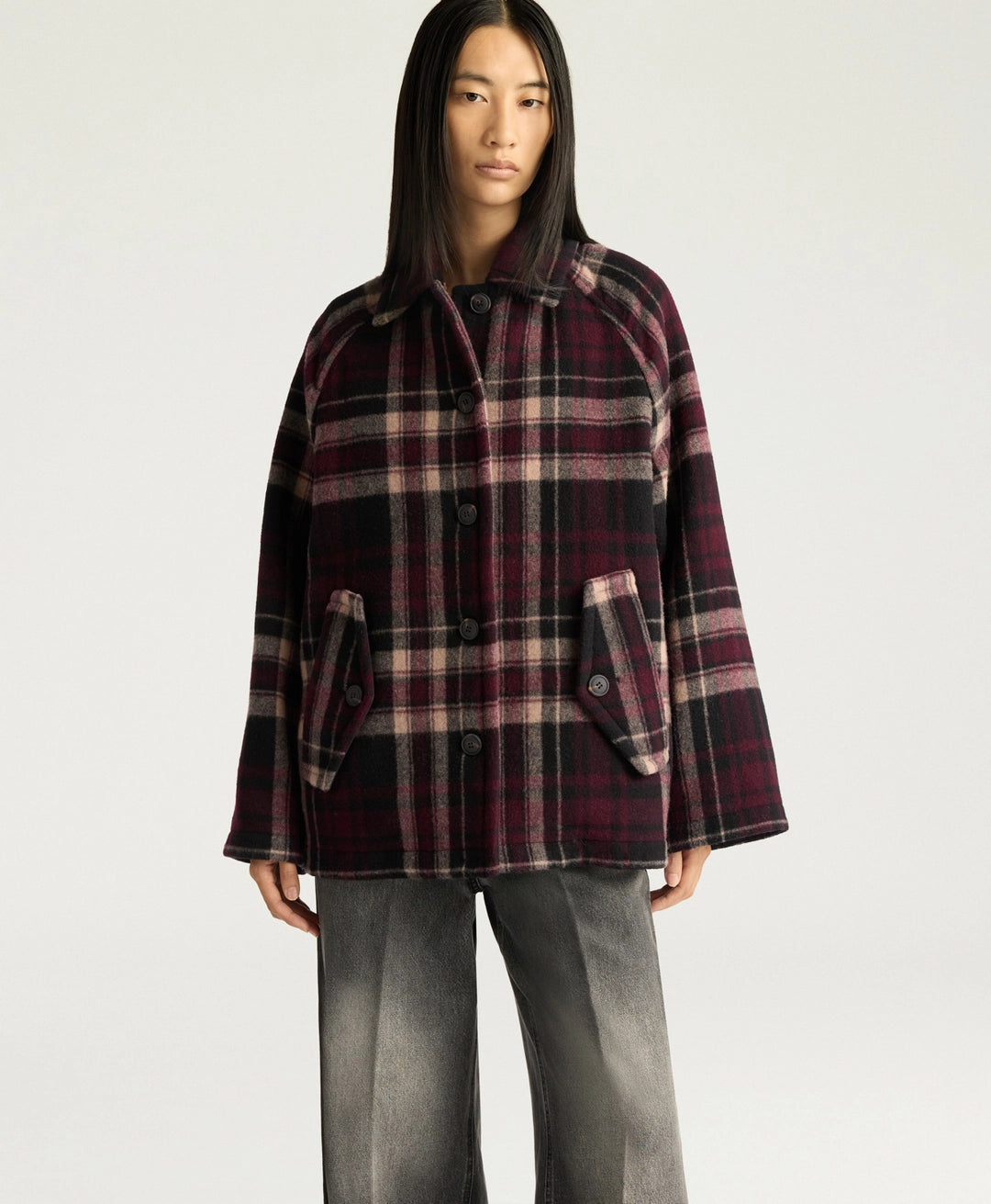 BRIGHTON COAT IN DOUBLE-FACE WOOL - BURGUNDY MULTICOLOR
