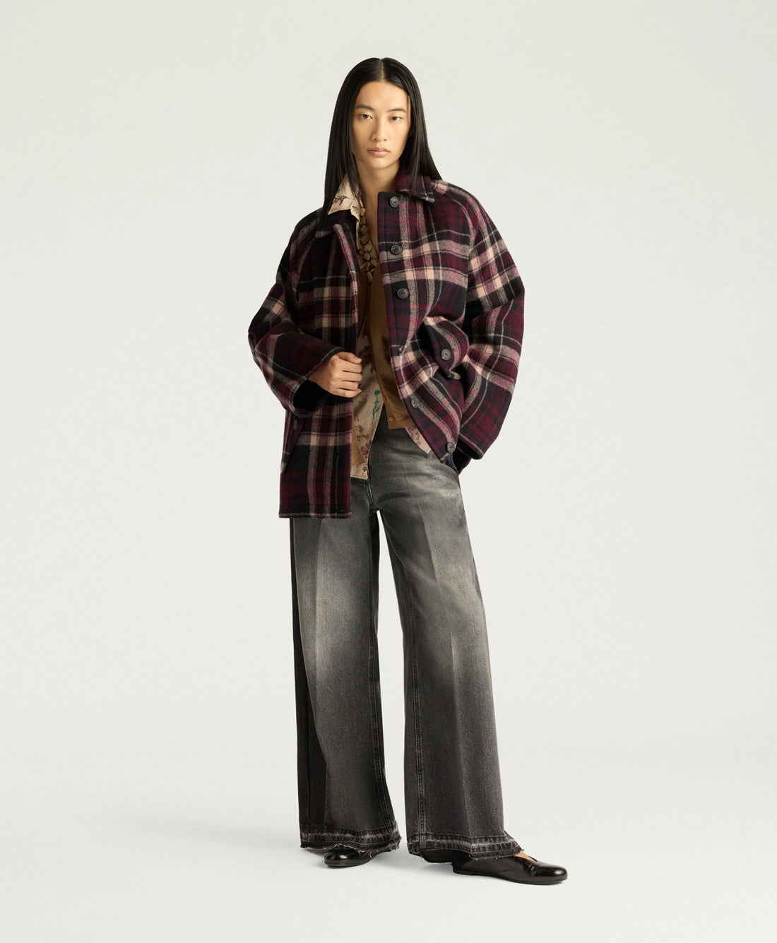 BRIGHTON COAT IN DOUBLE-FACE WOOL - BURGUNDY MULTICOLOR