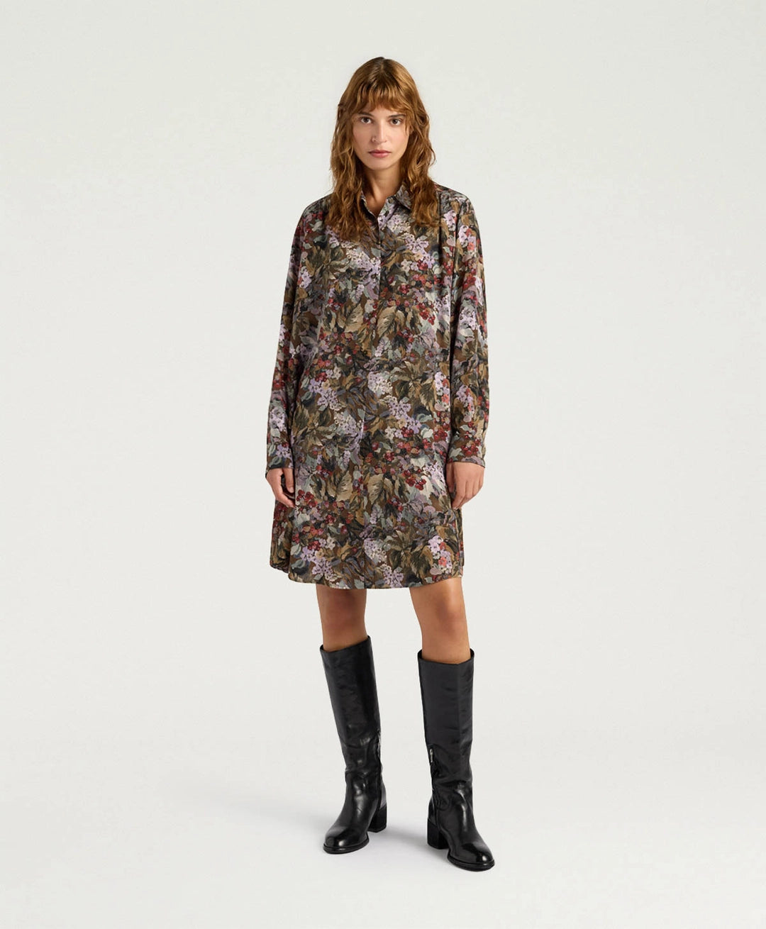 HAMPTON DRESS IN PRINTED CREPE DE CHINE - KHAKI MULTICOLOR