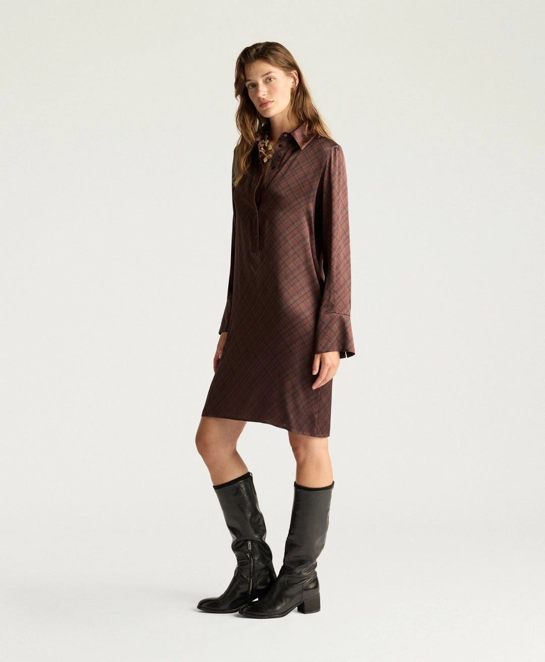 ASTER DRESS IN PRINTED STRETCH SATIN - TOBACCO MULTICOLOR
