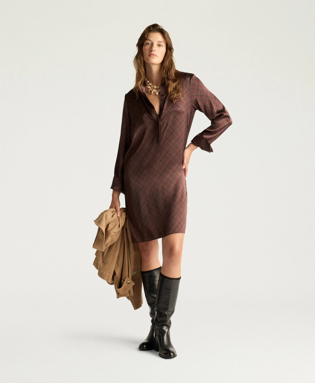 ASTER DRESS IN PRINTED STRETCH SATIN - TOBACCO MULTICOLOR