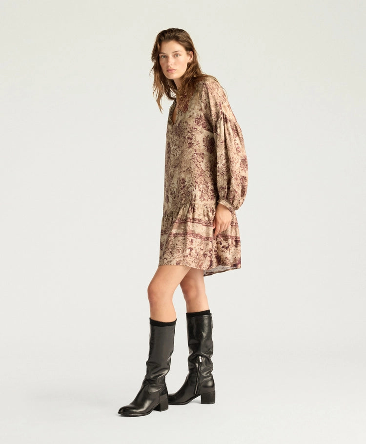 AMBER DRESS IN PRINTED JACQUARD VISCOSE - BURGUNDY MULTICOLOR