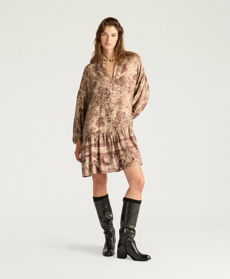 AMBER DRESS IN PRINTED JACQUARD VISCOSE - BURGUNDY MULTICOLOR