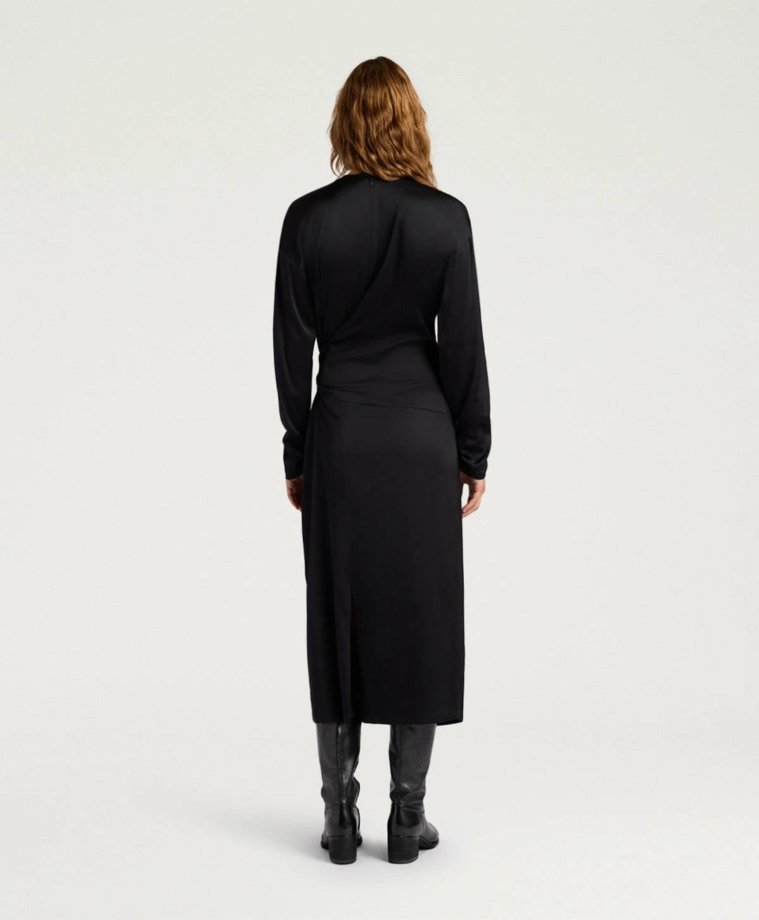 LOTUS DRESS IN STRETCH VISCOSE SATIN - BLACK