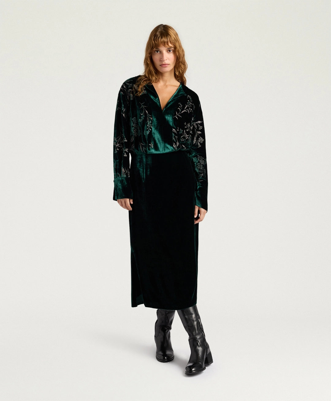 BODIAM DRESS IN EMBROIDERED VELVET - BOTTLE GREEN