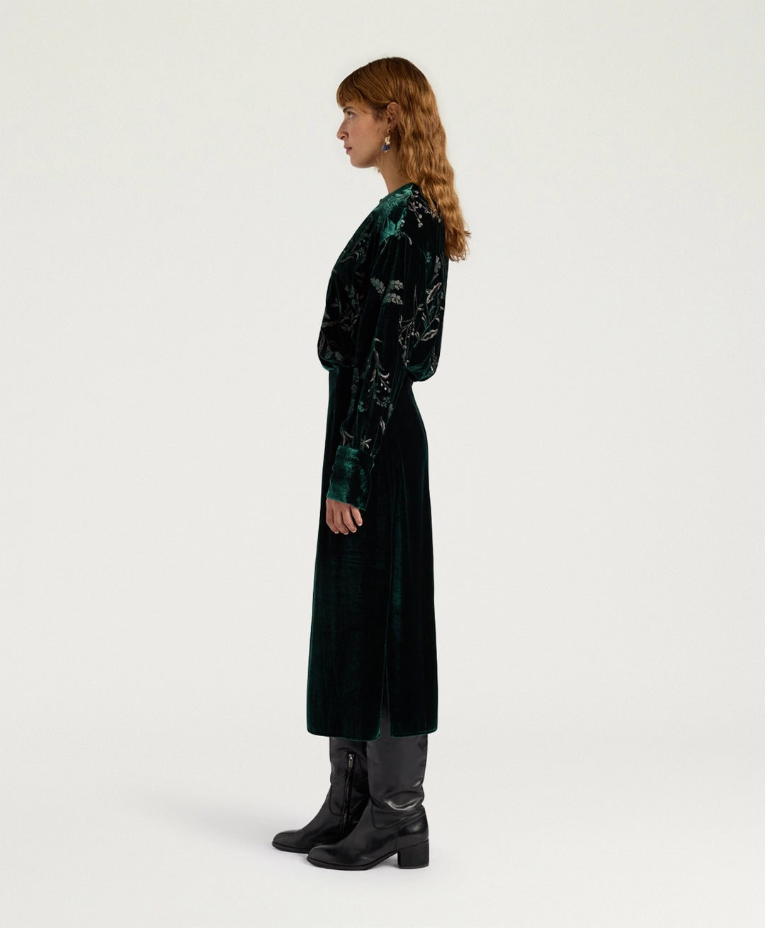 BODIAM DRESS IN EMBROIDERED VELVET - BOTTLE GREEN