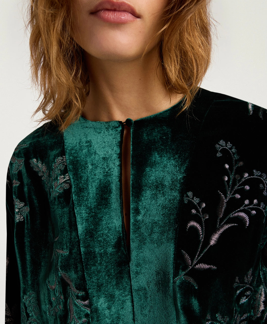 BODIAM DRESS IN EMBROIDERED VELVET - BOTTLE GREEN