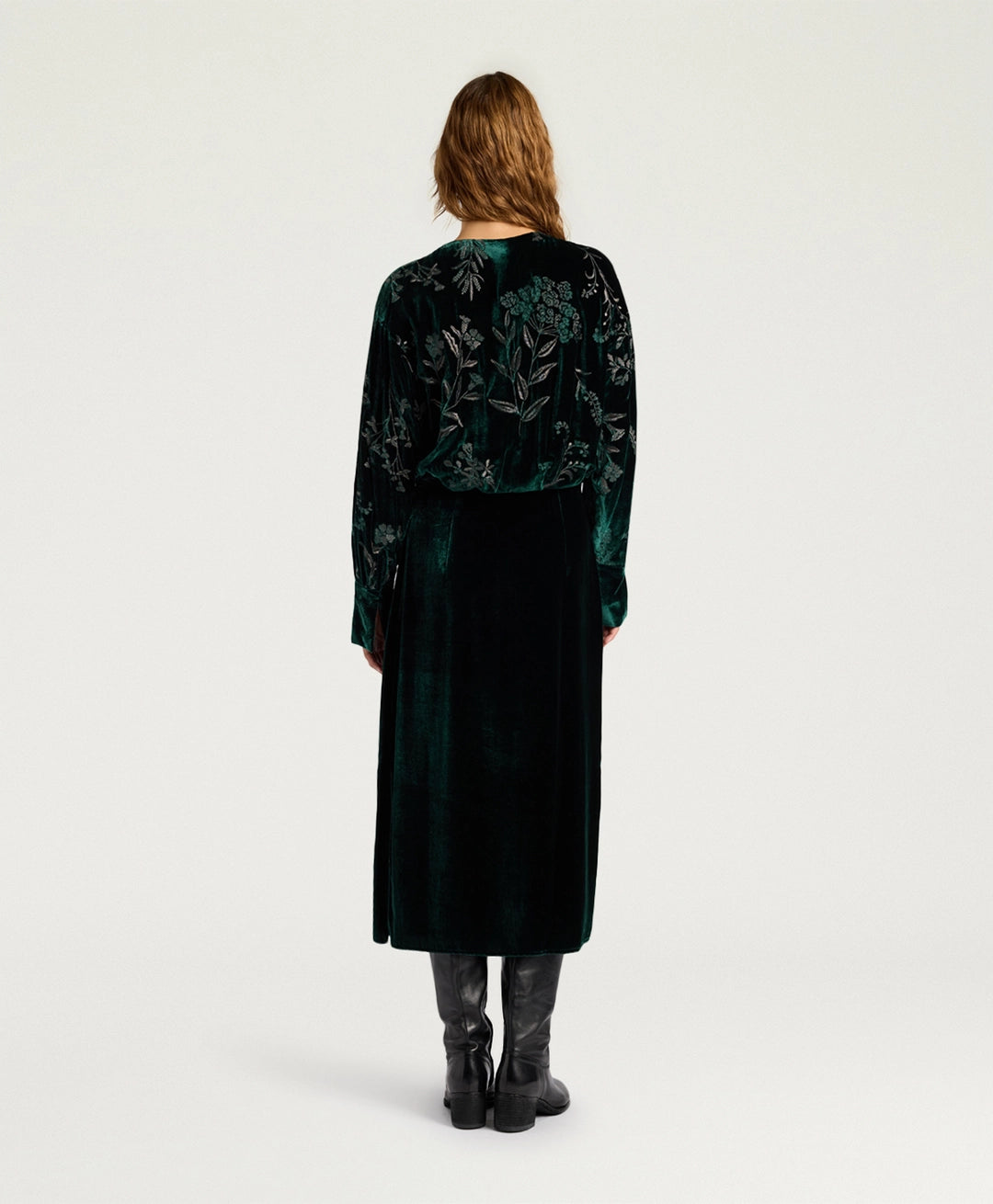 BODIAM DRESS IN EMBROIDERED VELVET - BOTTLE GREEN