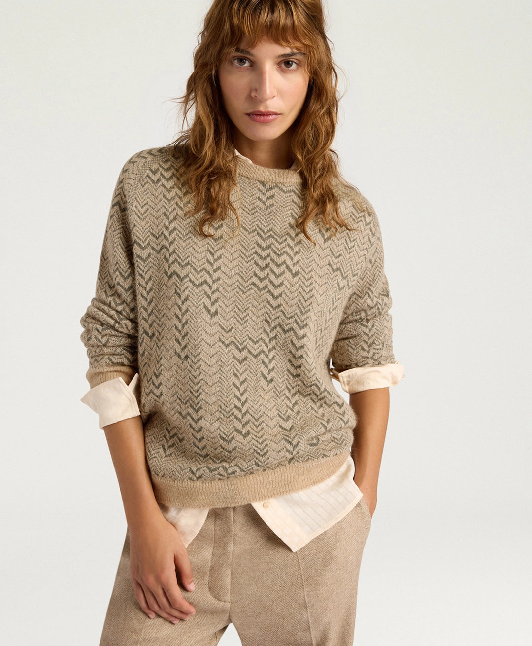 SAGE SWEATER IN JACQUARD - GREEN/BEIGE