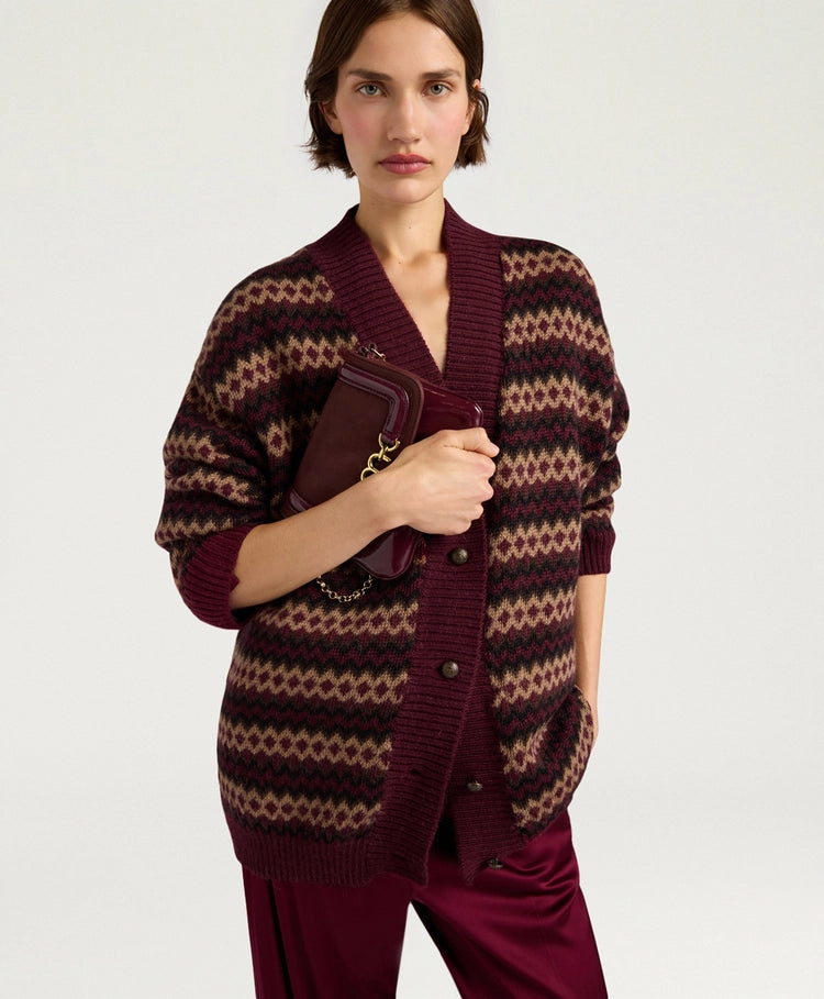 SELWIN CARDIGAN IN JACQUARD - BURGUNDY MULTICOLOR
